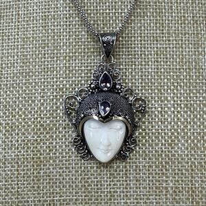 NF Carved Goddess Face Amethyst 14K Gold and 925 Sterling Silver Necklace